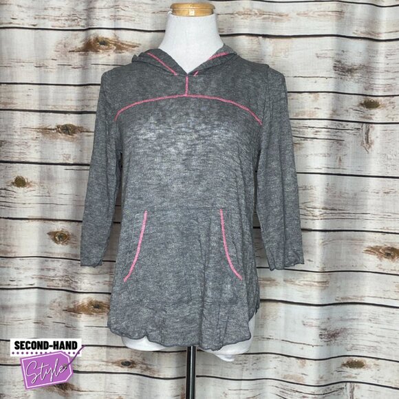 3/4 Length Sleeve Front Pocket Line Detail Lightweight Burn-out Fabric Hoodie - Picture 1 of 2